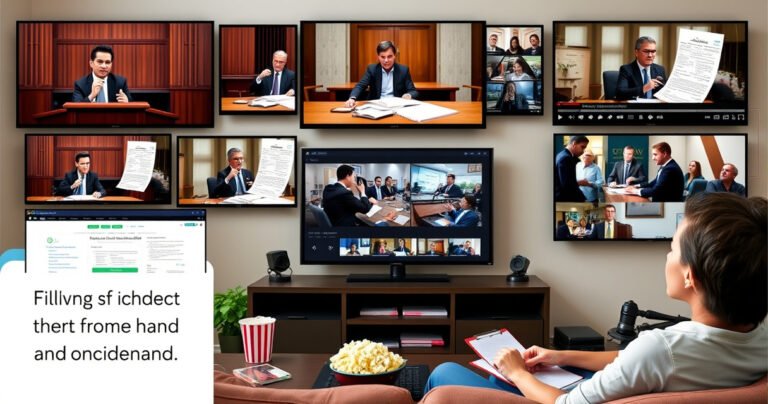 A collage of diverse screens displaying live court sessions, gavel pounding, legal documents, and a digital streaming interface. Surrounding the screens, a cozy living room setting with popcorn, a notepad, and a curious viewer engaged, emphasizing the excitement of following courtroom drama from home, highlighting both live and on-demand options.