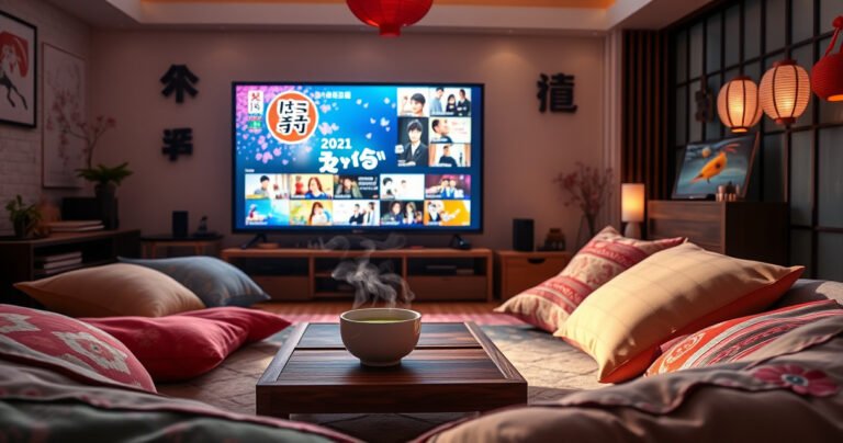 A cozy living room with a large screen displaying vibrant Japanese TV shows, colorful cushions scattered around, a steaming cup of green tea on a wooden table, soft ambient lighting casting warm shadows, Japanese decor elements like cherry blossoms and paper lanterns, creating an inviting atmosphere for binge-watching.