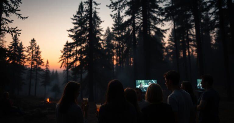 A mysterious woodland scene at twilight, with silhouettes of towering trees and a faint glow from a distant campfire. A group of diverse friends gathers around, their faces illuminated with excitement and curiosity. In the background, subtle hints of a TV screen flicker, blending nature and technology, creating an inviting atmosphere for exploration.