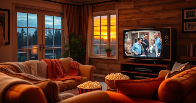 A cozy living room setting with a vintage TV showing iconic scenes from timeless TV shows, surrounded by plush sofas, soft blankets, and popcorn bowls. Warm lighting creates an inviting atmosphere, while a window reveals a sunset outside, symbolizing nostalgia and the joy of binge-watching classic series on various streaming platforms.
