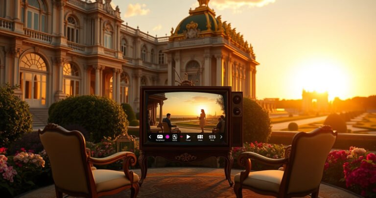 A luxurious, opulent scene of the Palace of Versailles at sunset, with golden light reflecting off the ornate architecture and manicured gardens. A vintage television set in the foreground displays a scene from the series, surrounded by elegant chairs and streaming icons. Lush greenery and vibrant flowers create a captivating backdrop, inviting viewers to explore the series.