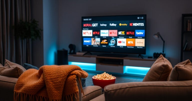 A cozy living room scene with a plush sofa, a warm blanket draped over an armrest, and a large flat-screen TV displaying various streaming service logos. A bowl of popcorn sits on a coffee table, while soft ambient lighting creates an inviting atmosphere, encouraging viewers to relax and dive into their favorite series.
