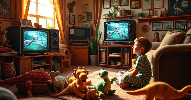 A vibrant, nostalgic scene of a cozy living room filled with dinosaur-themed memorabilia, a vintage television playing classic dinosaur clips, warm sunlight streaming through the window, and a couple of excited kids sitting cross-legged on the floor, surrounded by plush dinosaur toys, smiles on their faces as they watch their favorite show.
