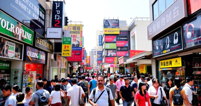 A vibrant city street bustling with shoppers, showcasing various electronic stores adorned with colorful earphone displays. Bright signage in different languages highlights sales and promotions. A mix of diverse people, from tech enthusiasts to casual buyers, eagerly exploring the latest designs, immersed in the lively atmosphere of urban commerce. A sunny sky adds warmth to the scene.