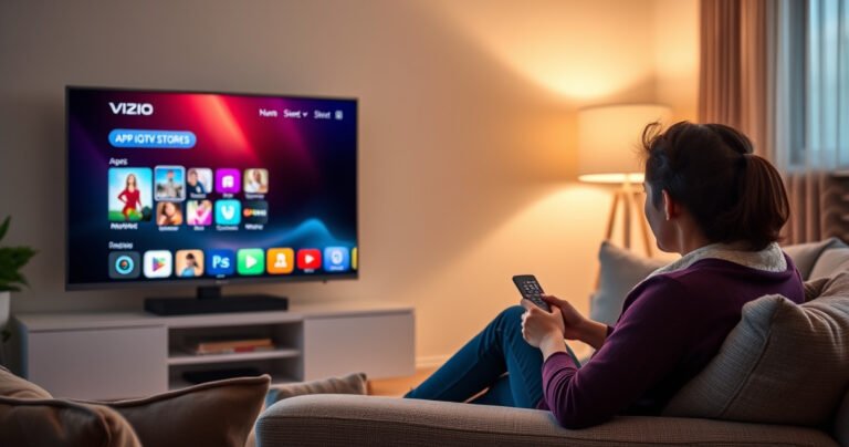 A modern living room featuring a sleek Vizio Smart TV displaying a vibrant app store interface, surrounded by cozy furnishings and soft lighting. A curious person sits on a plush sofa, remote in hand, gazing at the screen filled with colorful app icons, while a warm glow from a nearby lamp bathes the scene in a welcoming ambiance.