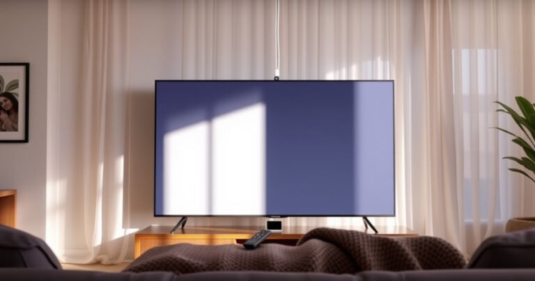 A sleek Samsung Smart TV displayed in a modern living room, highlighting a subtle built-in camera at the top edge of the screen. Soft natural light filters through sheer curtains, casting gentle shadows on a stylish coffee table adorned with a remote and a cozy throw blanket, inviting viewers to explore the tech within their home.