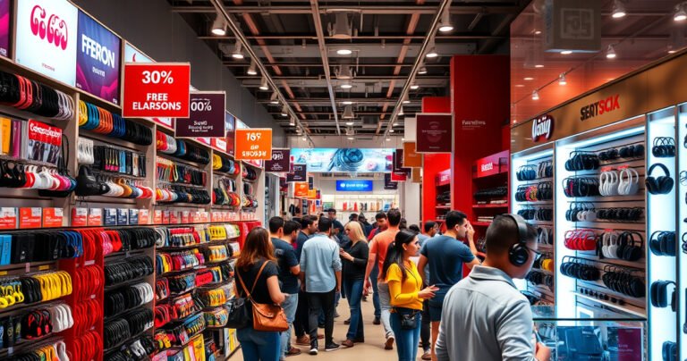A bustling electronics store aisle filled with colorful earphones and headphones, customers exploring various brands, bright signage highlighting discounts, sleek displays showcasing cutting-edge audio technology, and a warm atmosphere, with people engaged in lively discussions about sound quality and style, all under bright, inviting lighting that enhances the excitement of shopping for audio gear.