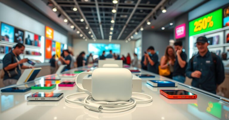 A sleek display of Apple earphones surrounded by vibrant tech gadgets, set against a modern retail backdrop. Bright store lights illuminate the polished surfaces, while excited shoppers browse the latest devices. Colorful signage highlights discounts and promotions, creating a bustling atmosphere that invites viewers to explore the best places for tech shopping.