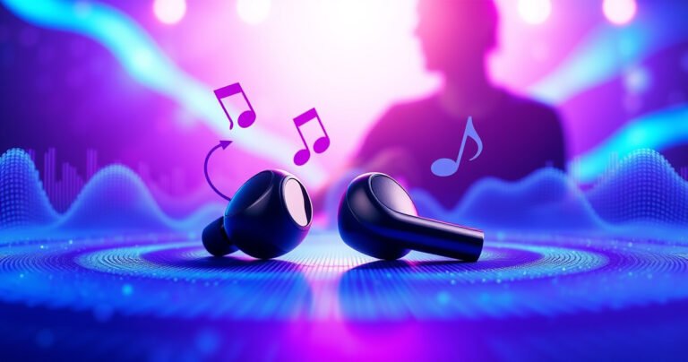 A sleek pair of wireless earbuds resting on a vibrant soundwave background, pulsating with deep blues and electric purples, radiating energy. The earbuds glisten under soft lighting, with musical notes swirling around them, symbolizing rich bass and immersive sound, while a silhouette of a person enjoying music in the background enhances the dynamic atmosphere.