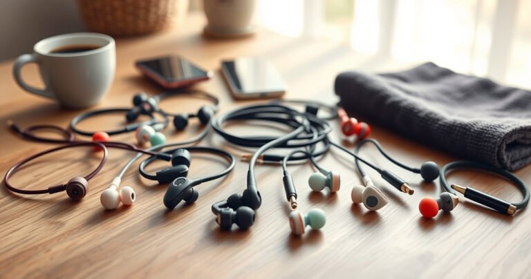 A vibrant flat lay of various earphones arranged artistically on a sleek wooden surface, showcasing different styles and colors. In the background, subtle hints of lifestyle elements like a coffee cup, a smartphone, and a workout towel create a dynamic atmosphere. Soft morning light filters in, casting gentle shadows and highlighting the earphones' textures.
