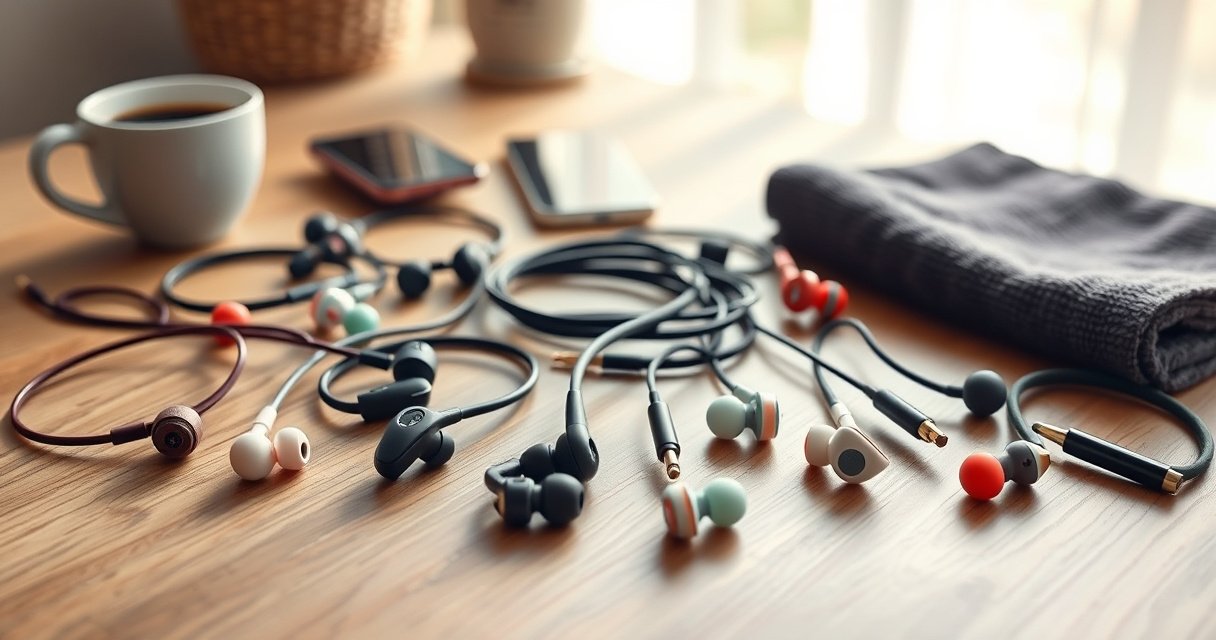 A vibrant flat lay of various earphones arranged artistically on a sleek wooden surface, showcasing different styles and colors. In the background, subtle hints of lifestyle elements like a coffee cup, a smartphone, and a workout towel create a dynamic atmosphere. Soft morning light filters in, casting gentle shadows and highlighting the earphones' textures.