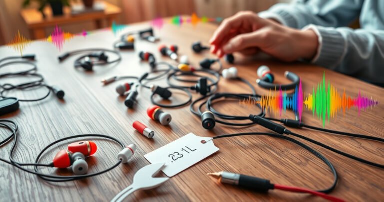 A vibrant scene featuring an array of stylish earphones laid out on a wooden table, surrounded by sound waves illustrated in colorful patterns. Include a close-up of hands testing different ear tips, with a price tag nearby. The background softly blurred, hinting at a cozy listening nook with warm lighting.