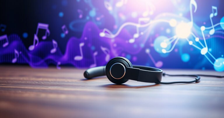 A sleek pair of high-end earphones rests on a wooden table, surrounded by vibrant sound waves visually pulsing in deep bass tones. In the background, an abstract representation of music notes and frequencies dances in electric blues and purples, capturing the essence of powerful sound. Soft lighting enhances the overall ambiance, inviting exploration.