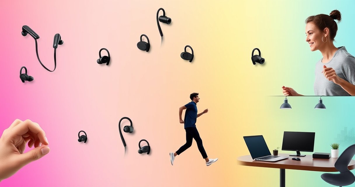 A dynamic scene showcasing a variety of stylish wireless earphones on a vibrant gradient background, each pair highlighting unique features like noise cancellation, fitness design, and sleek aesthetics. Include hands-on interaction with the earphones, a person enjoying music while jogging, and an elegant workspace setting for productivity, creating an engaging visual contrast.