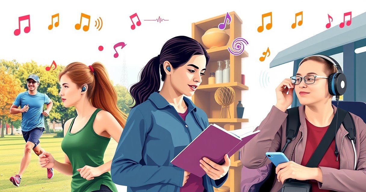 A vibrant scene showing a diverse group of people engaged in various activities, wearing sleek wireless earphones. Each person embodies different lifestyles: a runner in a park, a student studying in a cozy café, and a professional on a busy commute. Surround them with colorful sound waves and icons representing music, calls, and focus.