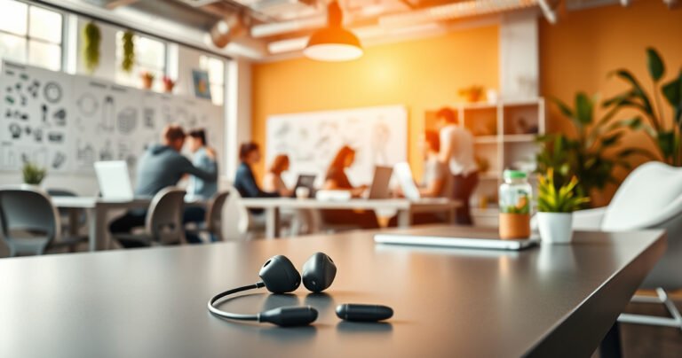 A sleek, modern workspace filled with innovative tech designs, showcasing Raycon earbuds prominently on a stylish desk. Lively brainstorming sessions in the background with diverse team members collaborating, colorful sketches of product concepts on the walls, and vibrant plant life adding freshness, all bathed in warm, inviting natural light.