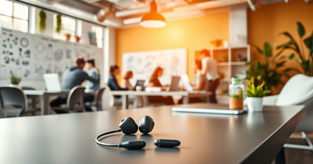 A sleek, modern workspace filled with innovative tech designs, showcasing Raycon earbuds prominently on a stylish desk. Lively brainstorming sessions in the background with diverse team members collaborating, colorful sketches of product concepts on the walls, and vibrant plant life adding freshness, all bathed in warm, inviting natural light.