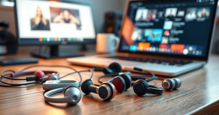 A sleek, modern workspace featuring an array of stylish earphones from top brands, elegantly displayed on a polished wooden desk. Soft, ambient lighting highlights the earphones' intricate designs and vibrant colors, while a blurred laptop screen in the background shows music playlists, creating a harmonious atmosphere of technology and music enjoyment.