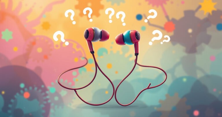 A surreal digital illustration of two whimsical, colorful earbuds floating in mid-air, each surrounded by tangled wires and glowing question marks, set against a vibrant, abstract background that conveys confusion and curiosity, with playful elements like tiny gears and lightbulbs to symbolize troubleshooting and innovation.