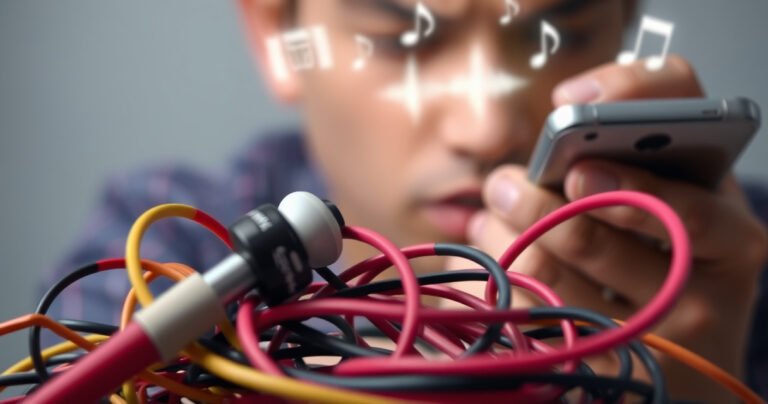 A close-up of a pair of earphones tangled in colorful wires, surrounded by faint sound waves emanating from them. In the background, a frustrated person adjusts the volume on a smartphone, with a soft glow of sound icons hovering above. The scene conveys a mix of curiosity and confusion, emphasizing the theme of sound issues.