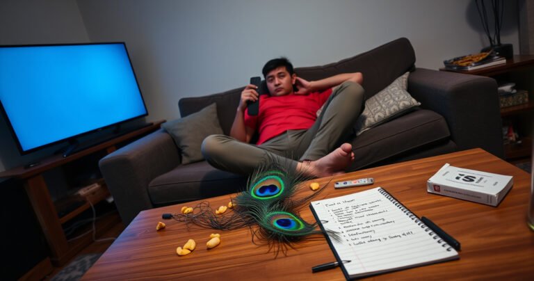 A frustrated person sitting on a couch, remote control in hand, surrounded by tangled cables and a blank TV screen. A colorful peacock feather lies on the coffee table, symbolizing the elusive Peacock streaming service. The room is dimly lit, with scattered snacks and a notepad filled with troubleshooting steps, capturing the essence of tech troubles at home.