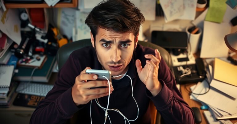 A frustrated person sitting at a cluttered desk, holding a smartphone with an earphone jack, surrounded by tangled earphone wires and a puzzled expression. The background features a mix of tech gadgets and scattered notes, with a glowing light from the phone illuminating their face, capturing the struggle of connectivity.