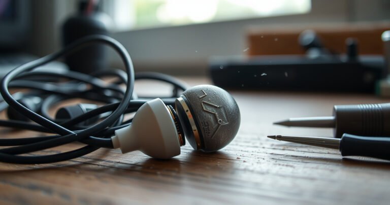 A close-up of a tangled pair of earphones on a wooden desk, with one earbud cracked open revealing intricate circuitry, surrounded by small tools like tweezers and a screwdriver. Soft natural light filters through a nearby window, highlighting dust particles in the air, creating an atmosphere of frustration and curiosity.