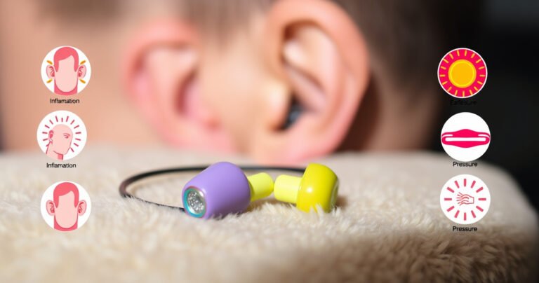 A close-up of a pair of colorful earbuds resting on a soft, plush surface, with a pair of human ears in the background showing discomfort. Surrounding the scene are tiny illustrations of common ear issues like inflammation and pressure, infused with vibrant colors to create an engaging and informative visual narrative.