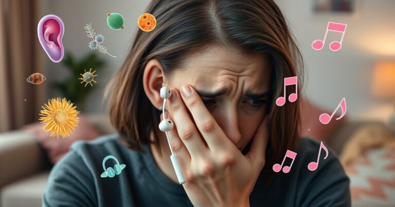 A close-up of a frustrated person holding their ear with a pair of sleek, modern earbuds dangling from their fingers. Surrounding them are floating, colorful illustrations of ear anatomy, allergens like dust and pollen, and musical notes, all set against a soft, blurred background of a cozy living space, evoking a sense of curiosity and discomfort.