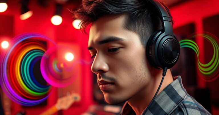 A close-up of a musician in a vibrant recording studio, wearing sleek earphones, immersed in sound. Colorful sound waves ripple around them, blending with instruments like guitars and keyboards. The background features dimmed lights and acoustic panels, creating a cozy yet energetic atmosphere. Their focused expression conveys the importance of sound clarity and music connection.