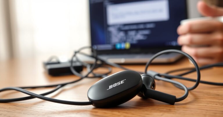 A close-up of sleek Bose earbuds lying on a wooden desk, surrounded by tangled charging cables and a frustrated person’s hands, with a blurred laptop screen displaying connection issues. Soft natural light filters in, highlighting the glossy earbud surface, while a coffee mug sits nearby, conveying a sense of everyday tech struggle.