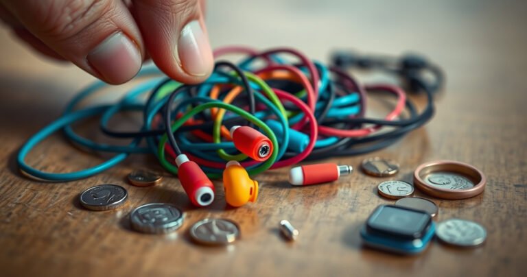 A close-up of colorful, tangled earbuds resting on a wooden surface, surrounded by small objects like hair ties and coins, with a frustrated hand reaching out to pick them up. Soft lighting highlights the earbuds' textures, evoking a sense of everyday struggle and curiosity over their elusive fit.