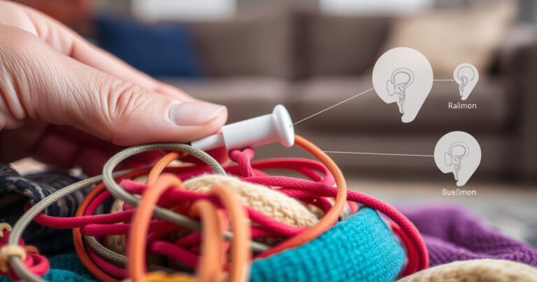 A close-up of a pair of earphones tangled in a colorful mix of soft, textured fabrics, with a gentle hand adjusting the earbud. The background features a blurred, cozy living room setting, hinting at relaxation, while a faint overlay of anatomical ear diagrams subtly highlights common pain points, creating an engaging visual narrative on ear comfort.