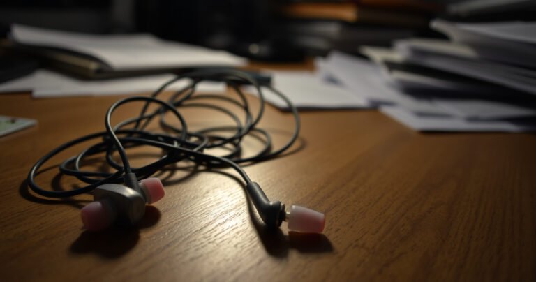 A close-up of a tangled pair of earphones resting on a wooden desk, one side vibrant and intact while the other hangs limply, surrounded by scattered papers and a dimly lit room, evoking a sense of frustration and mystery, with soft shadows and a hint of light catching the functional earbud.