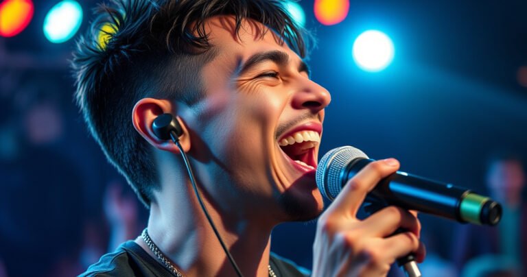 A close-up of a dynamic singer on stage, passionately performing with a vibrant spotlight illuminating their face, wearing sleek, high-tech earphones. The background is a blur of cheering fans and colorful stage lights, capturing the energy of live music. In their expression, a mix of focus and joy, embodying the connection between sound and performance.