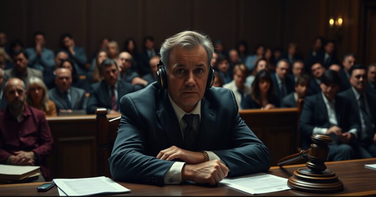 A courtroom scene featuring a solemn figure, James Crumbley, seated at a defendant's table with a pair of large, over-ear headphones. The room is filled with tense spectators, legal documents scattered, the judge's gavel poised. Dim light casts dramatic shadows, highlighting Crumbley's pensive expression as he gazes intently ahead, surrounded by an atmosphere of uncertainty and intrigue.