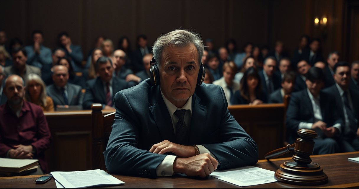 A courtroom scene featuring a solemn figure, James Crumbley, seated at a defendant's table with a pair of large, over-ear headphones. The room is filled with tense spectators, legal documents scattered, the judge's gavel poised. Dim light casts dramatic shadows, highlighting Crumbley's pensive expression as he gazes intently ahead, surrounded by an atmosphere of uncertainty and intrigue.
