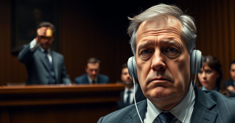 A tense courtroom scene, focusing on James Crumbley, a middle-aged man with a troubled expression, wearing oversized earphones that contrast with his formal attire. The judge looms in the background, gavel raised, while onlookers whisper in hushed tones. Shadows deepen, and tension thickens the air, capturing the intensity of the moment and the mystery behind his choice.