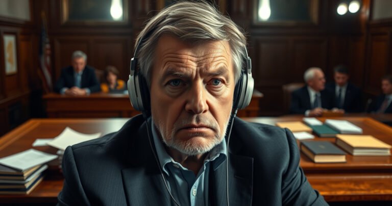 A courtroom scene filled with tension, featuring a middle-aged man, James Crumley, wearing oversized earphones, his expression thoughtful and slightly defiant. The background shows a judge and jury, with dramatic lighting casting shadows. Papers and legal books scattered on the table, hints of anxiety in the air, and a subtle hint of rebellion in Crumley’s demeanor.