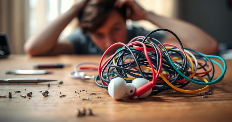 A close-up of colorful, tangled earbud wires lying on a wooden table, surrounded by small, scattered tools like tweezers and tiny screws. In the background, a blurred silhouette of a frustrated person adjusting their hair, emphasizing the struggle of earbuds falling out. Soft, warm lighting highlights the intricate details of the earbuds.