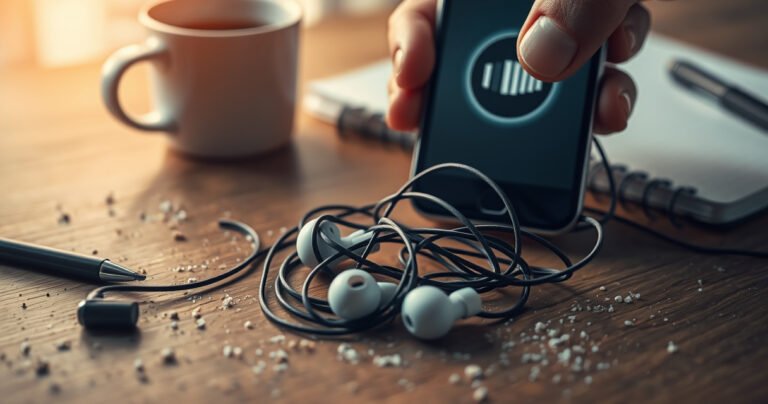A close-up of a pair of tangled earbuds on a wooden desk, surrounded by scattered dust and crumbs, with a frustrated user’s hand reaching for a smartphone displaying a low volume icon. Soft, warm lighting highlights the earbuds’ details, while a blurred background features a coffee cup and a notebook, creating an atmosphere of everyday tech struggles.