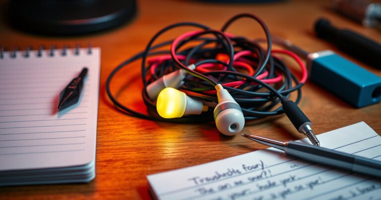 A close-up of a tangled pair of colorful earphones on a wooden table, one earbud glowing softly while the other lies muted. Surrounding the earphones are small tools like a screwdriver and a pair of tweezers, alongside a notepad with troubleshooting notes. Warm, inviting lighting creates an atmosphere of DIY tech exploration.