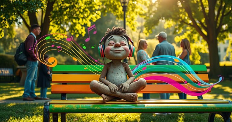 A curious figure named Crumbley sits cross-legged on a vibrant park bench, headphones snugly in place, eyes closed in blissful concentration. Surrounding him are swirling notes of music visualized as colorful waves, while curious onlookers gossip in the background, intrigued by his serene demeanor. Golden sunlight filters through lush green trees, casting dappled shadows on the scene.