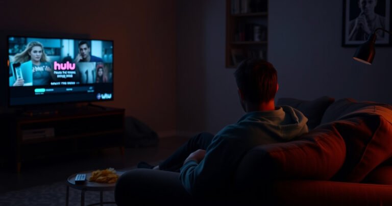 A dimly lit living room with a frustrated viewer sitting on a couch, staring at a smart TV displaying a glitchy Hulu interface. The screen shows pixelated images and buffering symbols. Surrounding the couch are snacks and a remote control, with the warm glow of the TV contrasting against the cool shadows of the room.