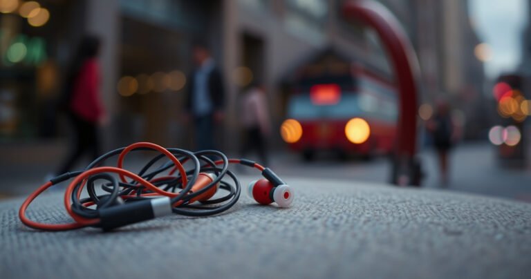A close-up of a pair of tangled, colorful earbuds lying on a soft, textured surface, with faint, glowing sound waves emanating around them. In the background, blurred outlines of a busy urban environment, suggesting distraction and noise, while a subtle hint of a person's ear in focus, highlighting the connection to the auditory experience.