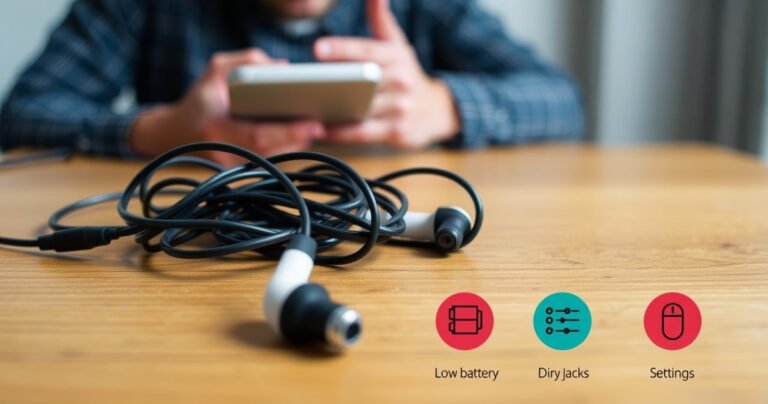 A close-up of a pair of tangled earphones resting on a wooden table, with sound waves visually emanating from them, contrasted by a faint background of a frustrated person adjusting their device, surrounded by small, colorful icons representing common audio issues like a low battery, dirty jacks, and settings.