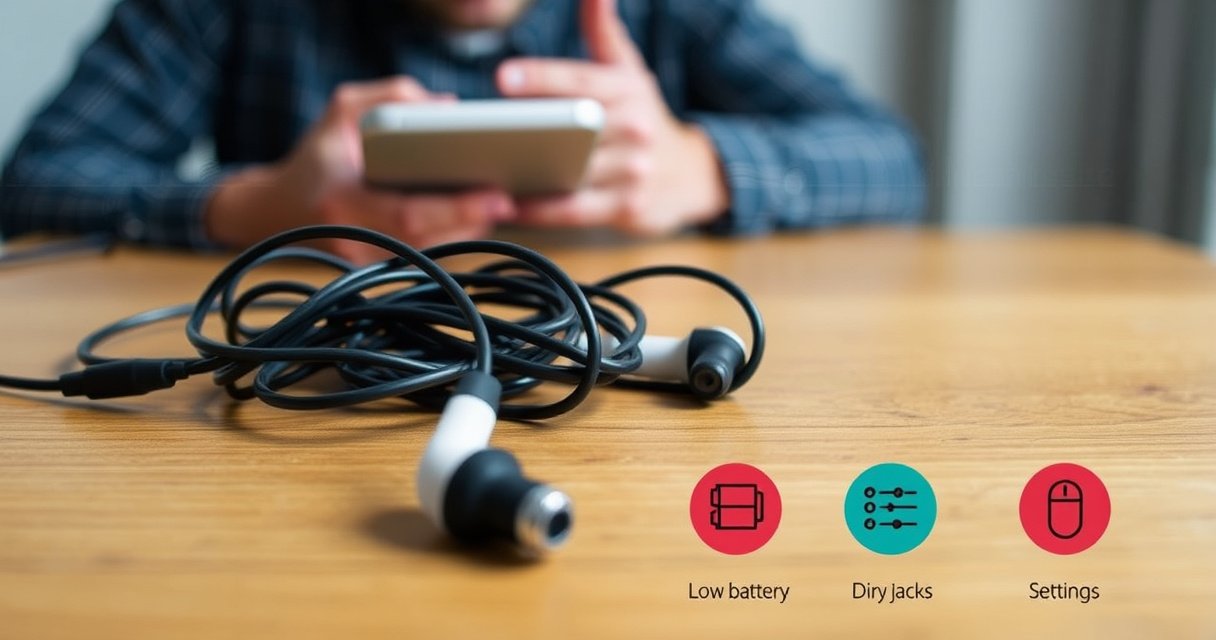 A close-up of a pair of tangled earphones resting on a wooden table, with sound waves visually emanating from them, contrasted by a faint background of a frustrated person adjusting their device, surrounded by small, colorful icons representing common audio issues like a low battery, dirty jacks, and settings.