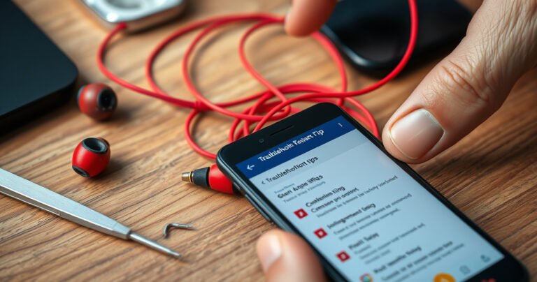 A close-up view of a tangled pair of vibrant red and black earbuds resting on a wooden table, with one earbud visibly damaged and a frustrated hand holding a smartphone displaying troubleshooting tips, surrounded by scattered tools like tweezers and a small screwdriver, emphasizing the theme of tech repair and frustration.