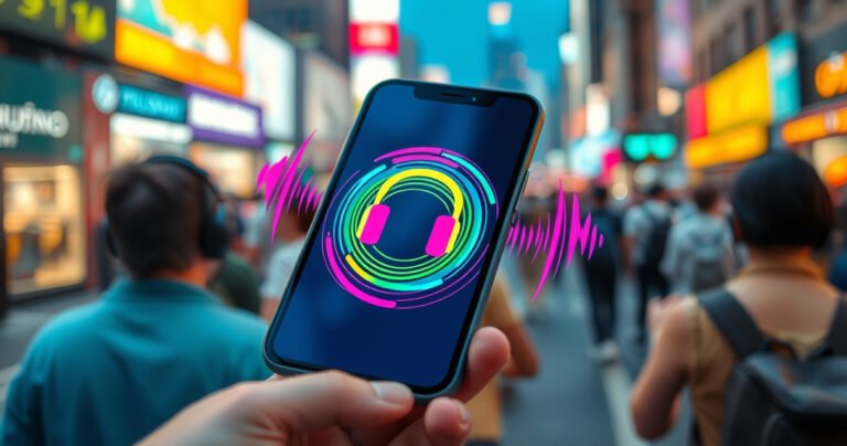 A vibrant close-up of a smartphone screen displaying a perplexing headphone icon, surrounded by swirling colorful sound waves. The background features a blurred, chaotic scene of everyday life—people with headphones, busy streets, and a glowing city skyline, all hinting at the confusion and curiosity of technology in modern life.