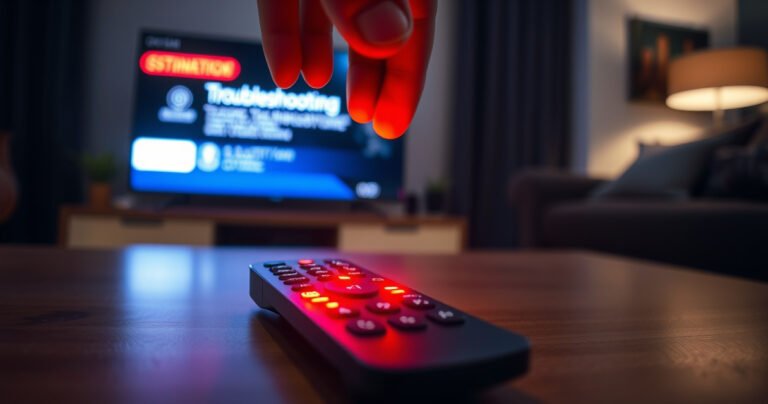 A close-up of a sleek, modern smart TV remote with a glowing red light, resting on a cozy living room table surrounded by dim ambient lighting. A concerned person’s hand hovers above the remote, with a backdrop of a stylish TV displaying a blurred troubleshooting screen. The scene conveys urgency and curiosity in a tech-savvy home environment.